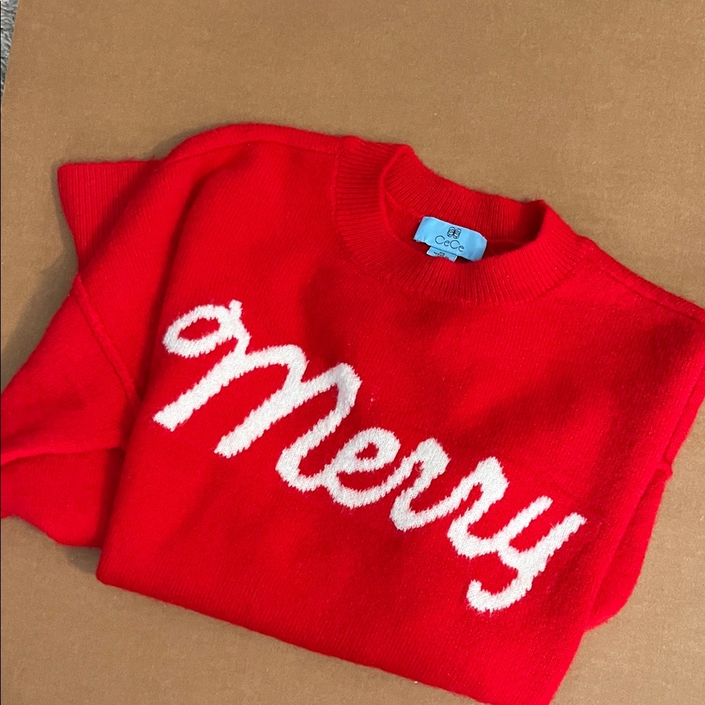 CeCe Red Crewneck Sweater with White "Merry" Script